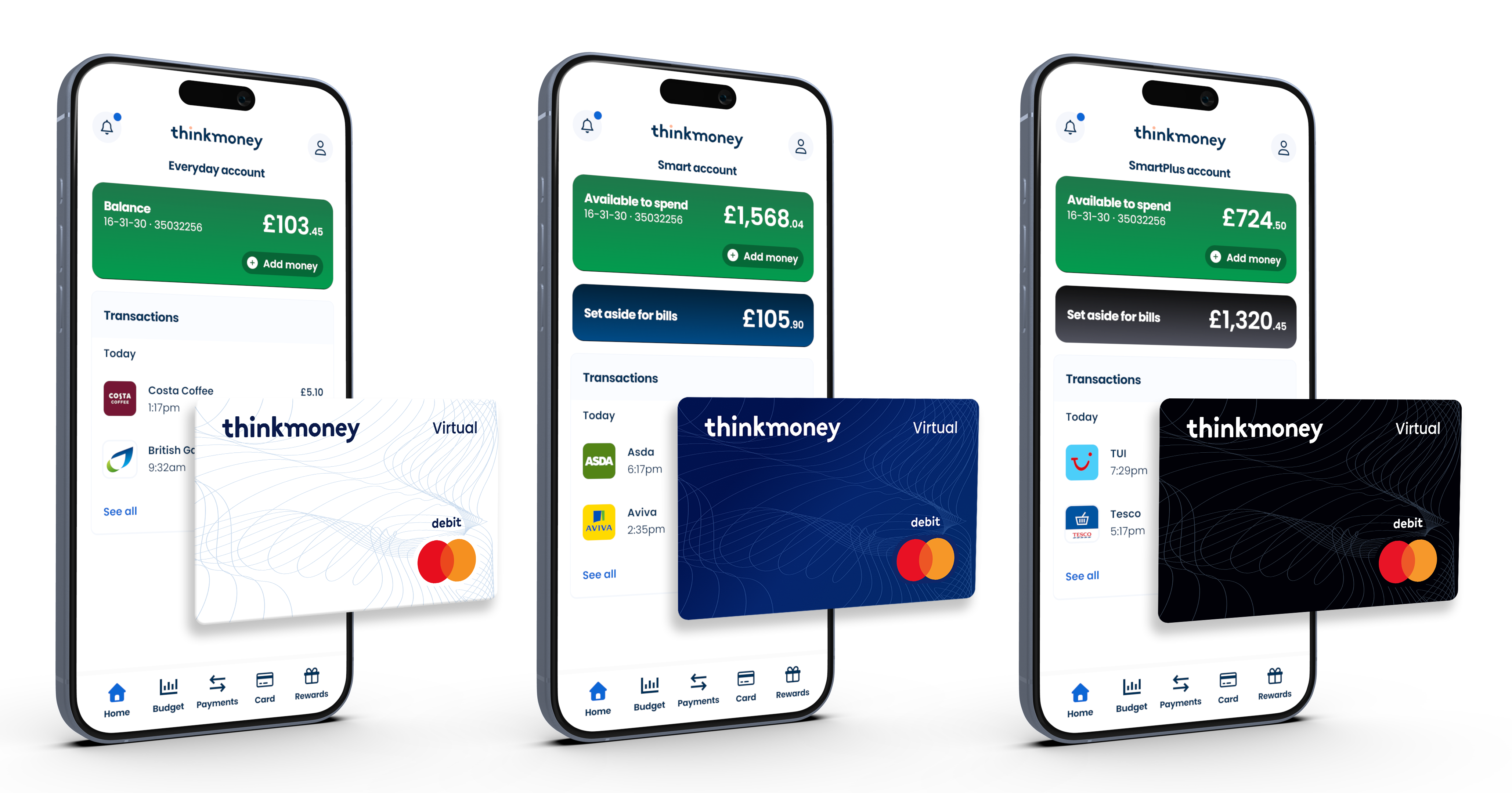 Everyday, Smart and Smart Plus account experiences with their corresponding virtual debit cards.
