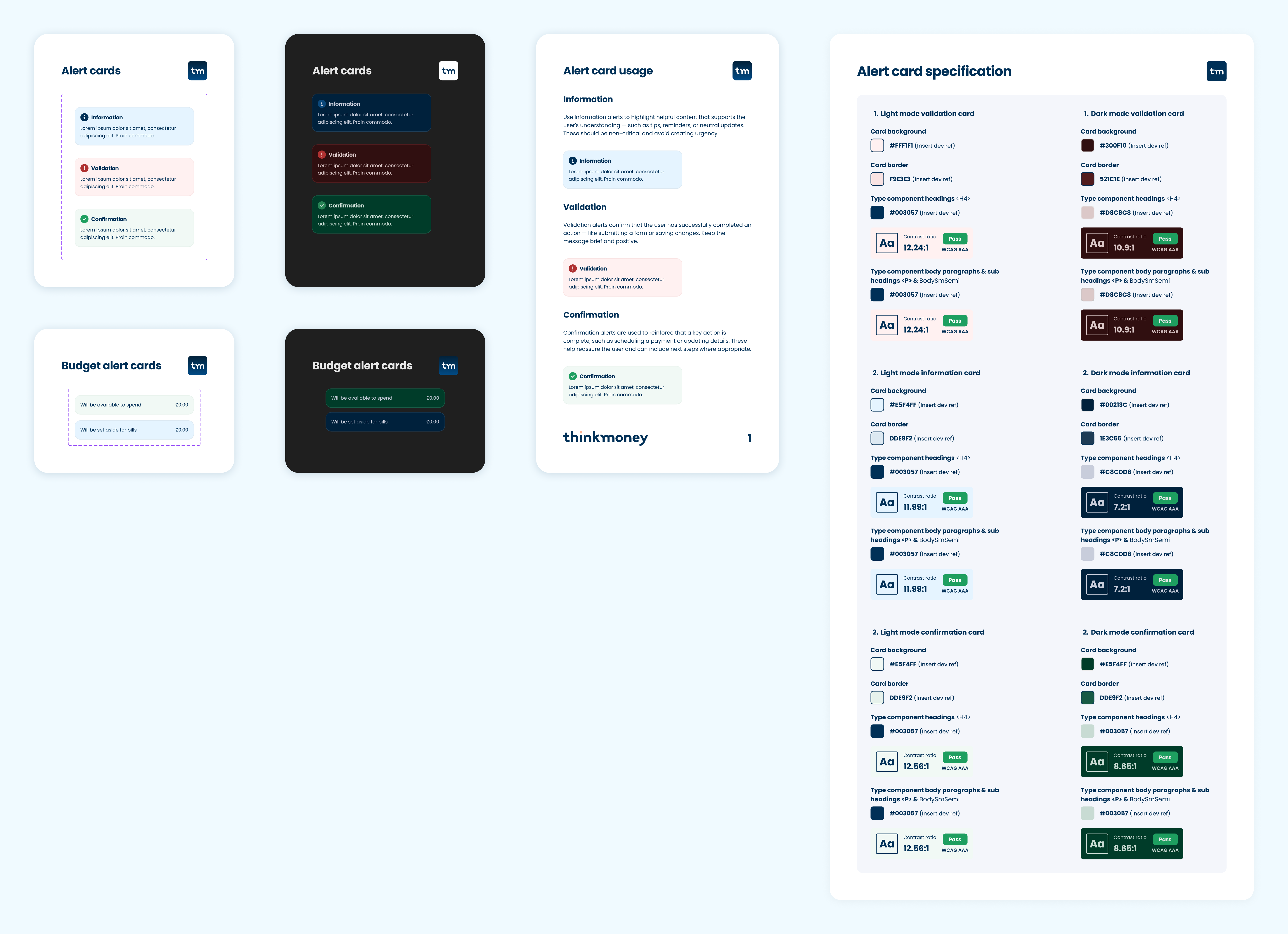 Alert card design system showing information, validation and confirmation messaging in light and dark modes.