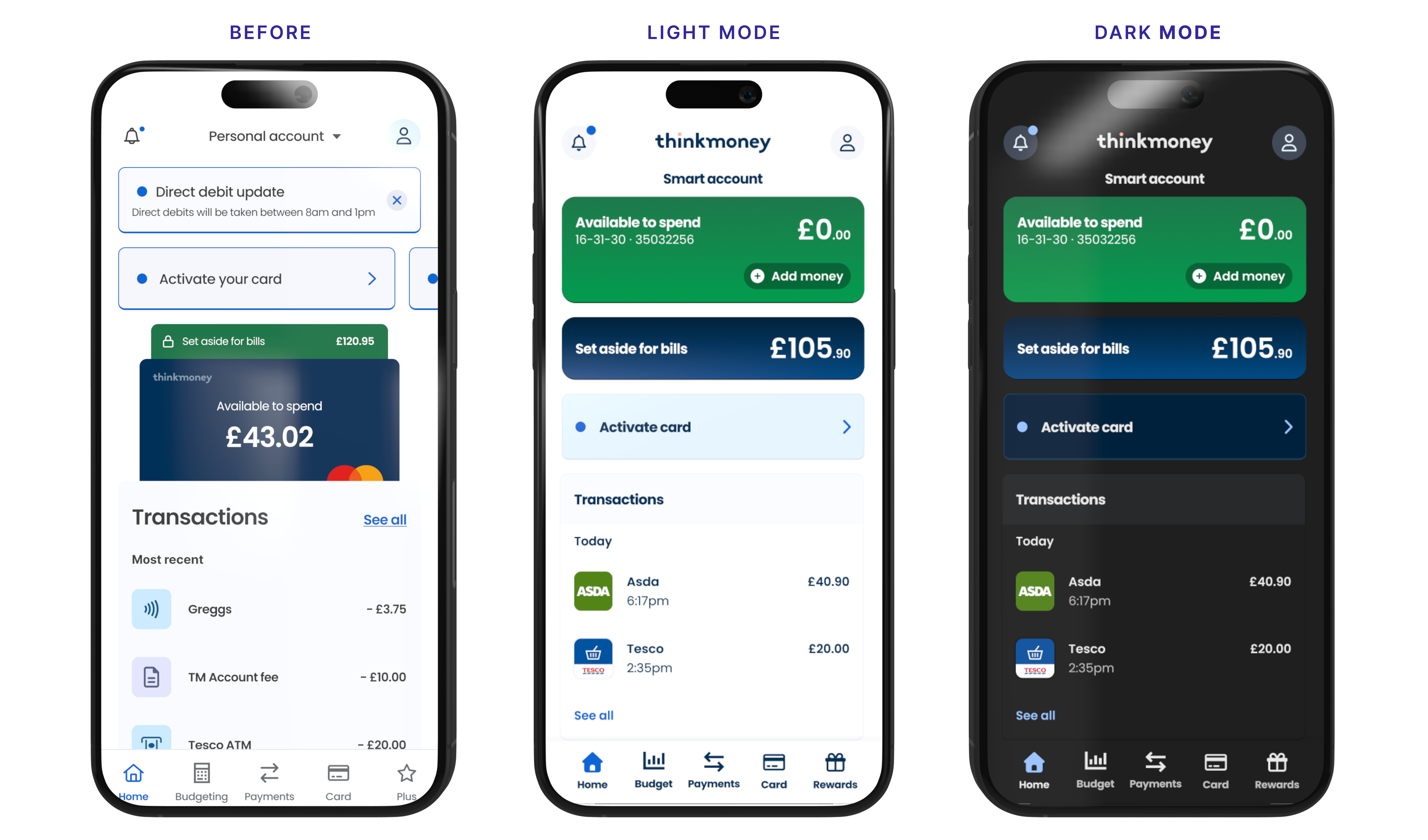 Before, light mode and dark mode thinkmoney app screens showing the evolution of the design system.