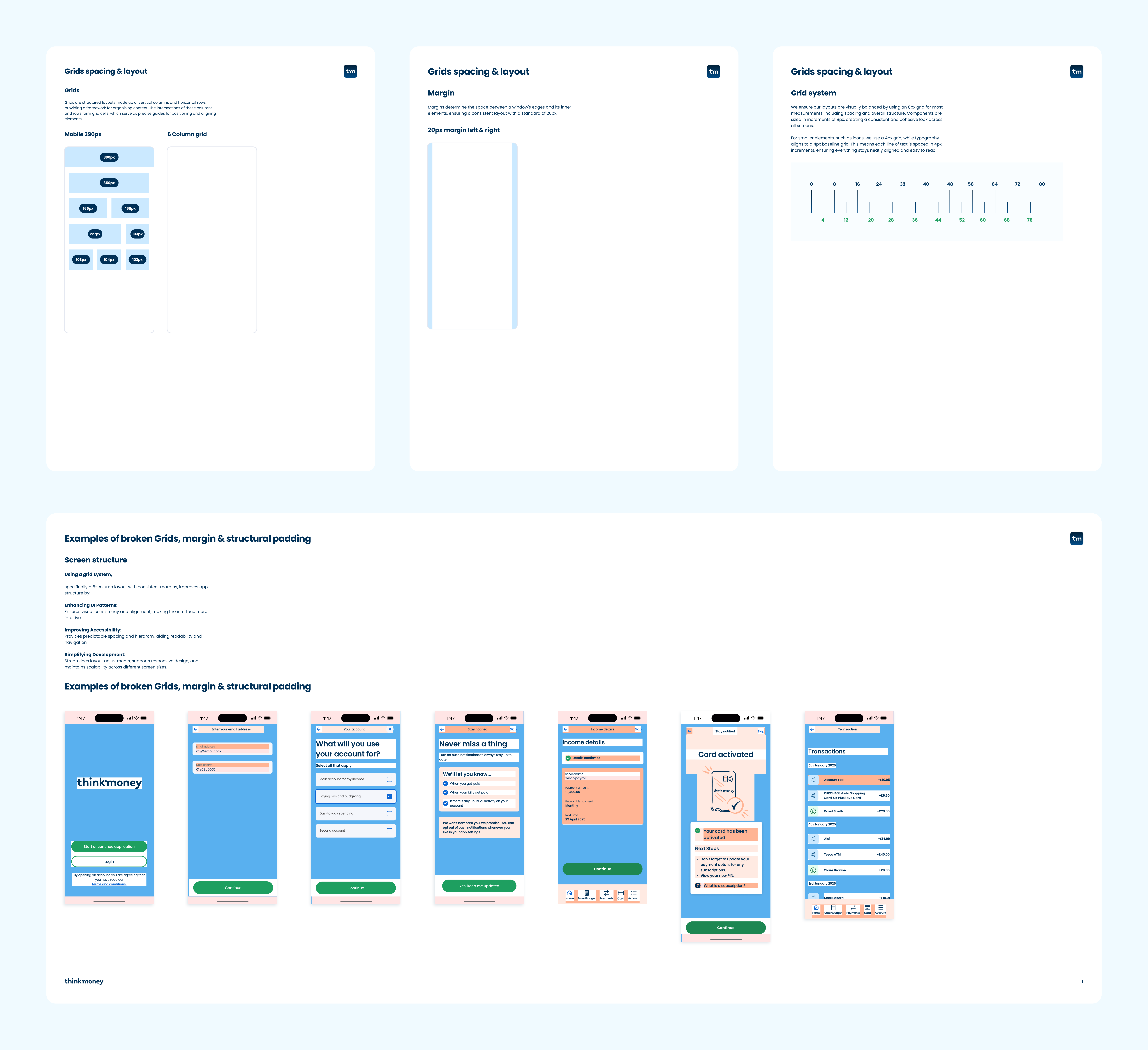 Design system foundations showing typography, spacing, grid and layout rules.