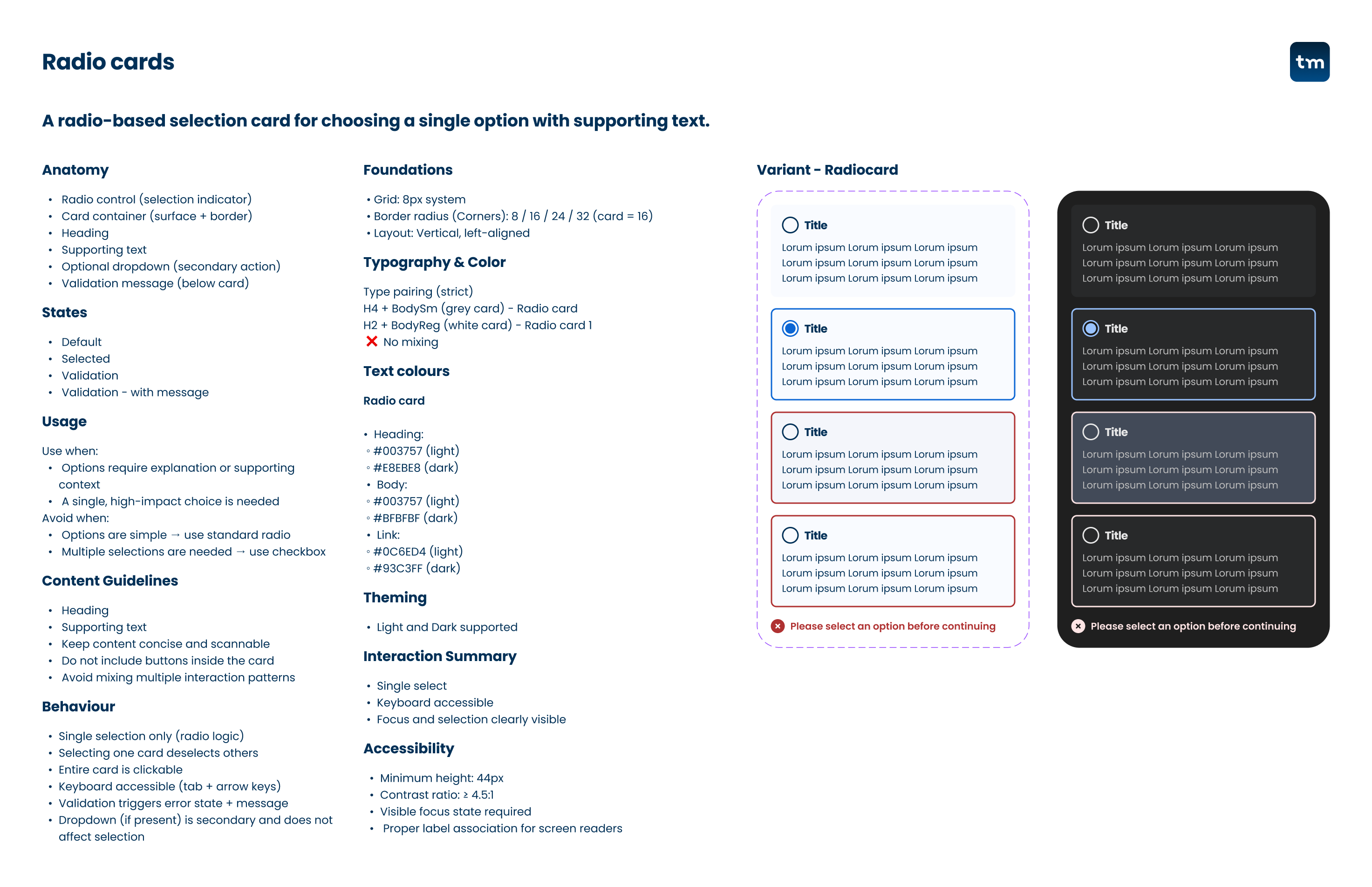 Radio card component documentation showing anatomy, states, usage, behaviour, accessibility and light and dark variants.