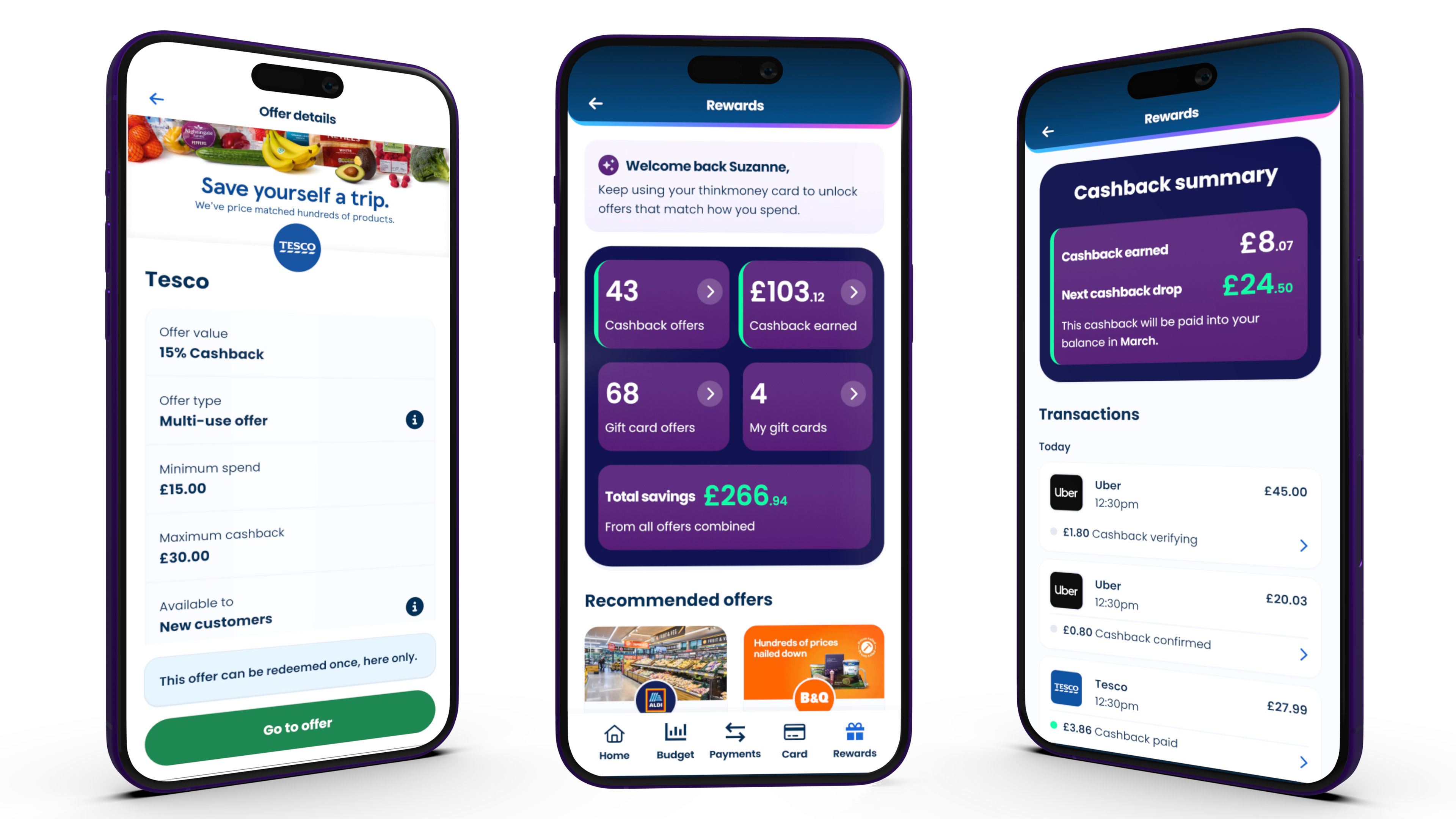 thinkmoney Rewards experience showing the Rewards home, reward detail and active cashback screens.