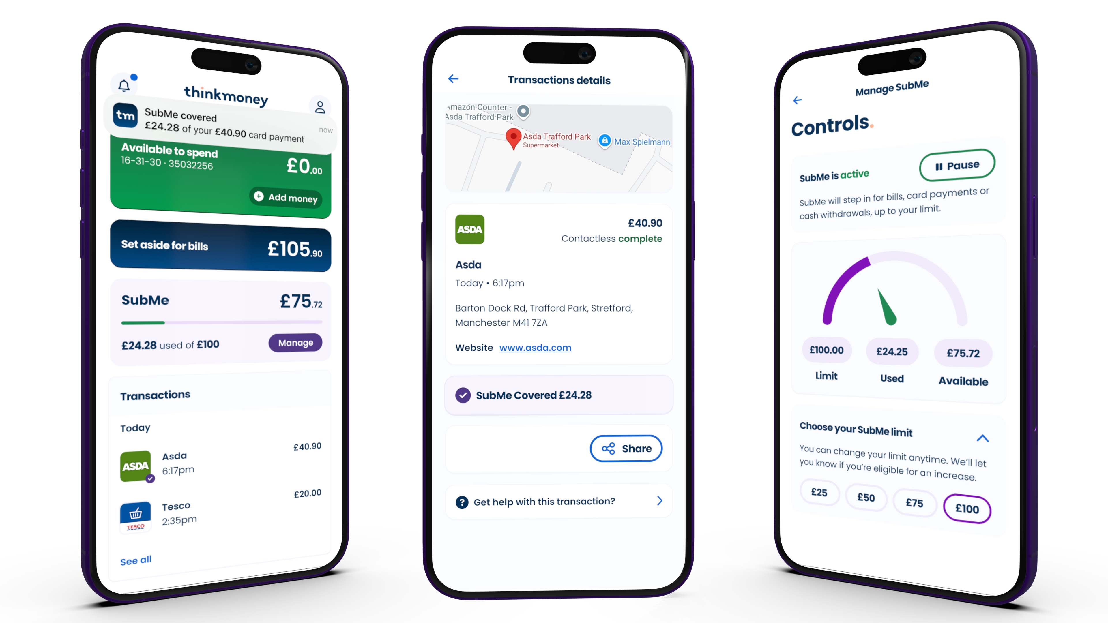 thinkmoney SubMe final product experience showing key customer states.