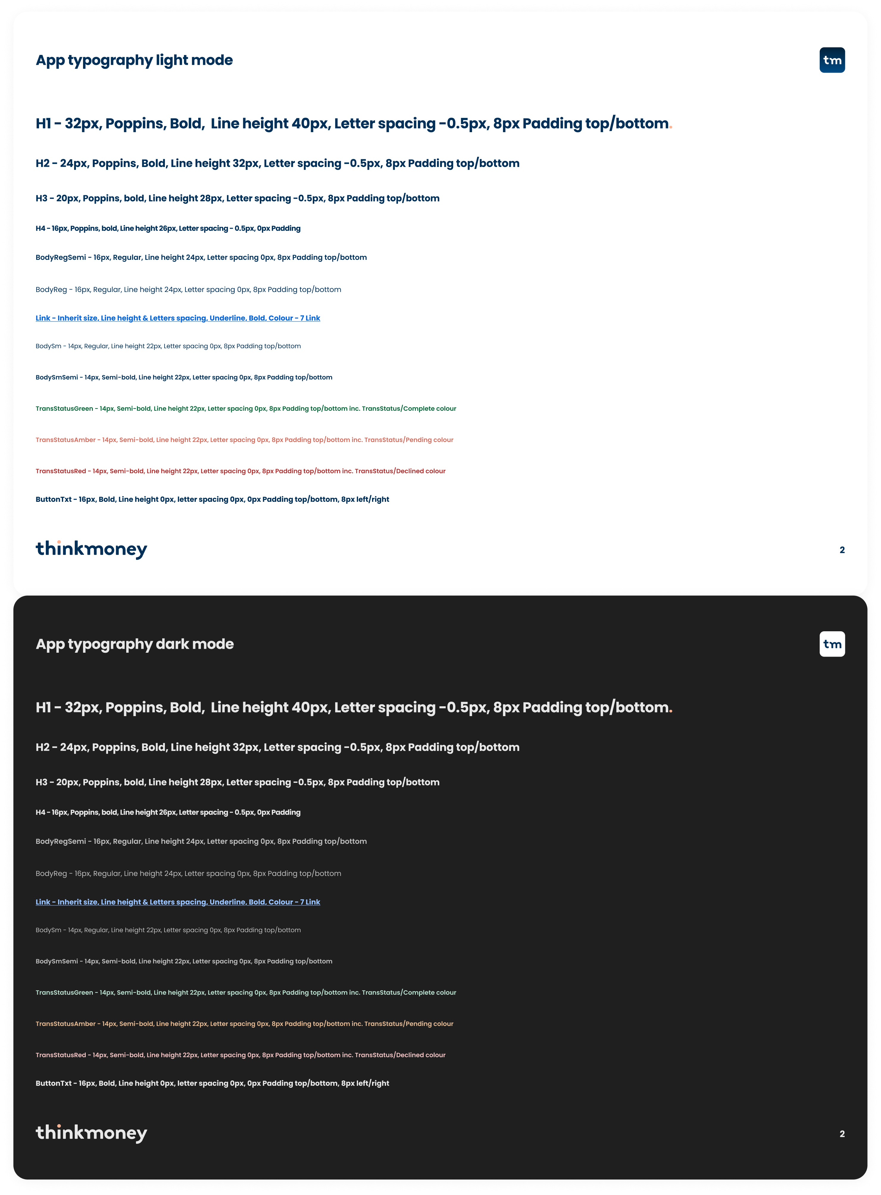 Typography design system showing the defined type hierarchy and supporting text styles.